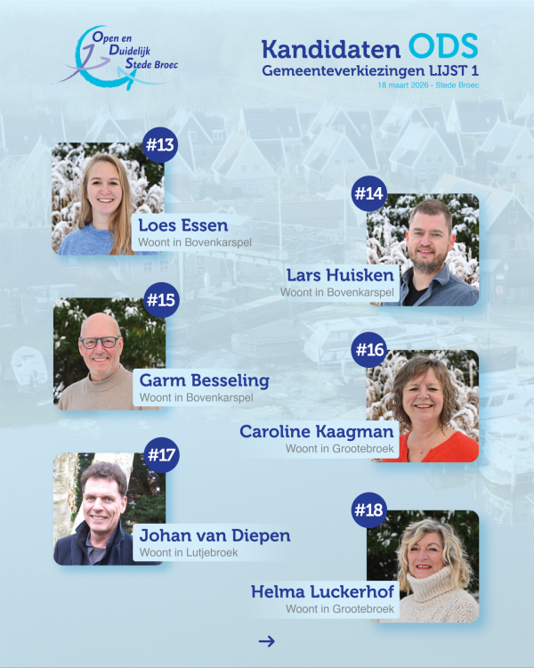 Kandidatenlijst Open en Duidelijk Stede Broec 2026 – posities 13 tot en met 18
